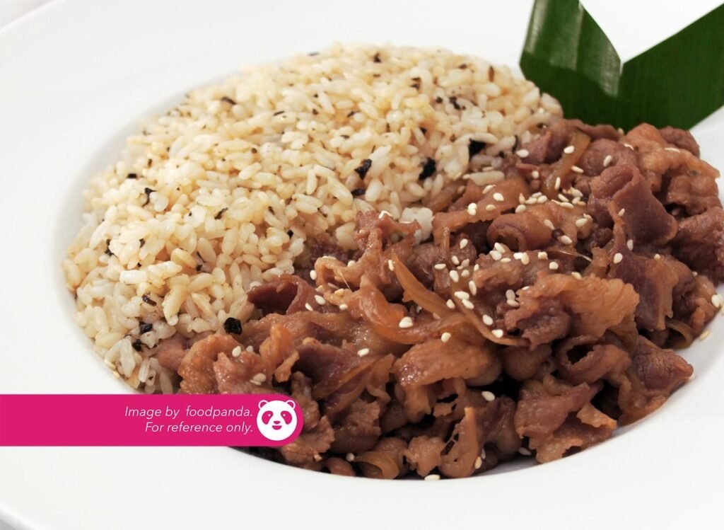 Beef Gyudon ₱ 370 Japanese inspired beef belly steak sauteed in mushrooms, caramelized onions topped with poached egg & dried seaweeds