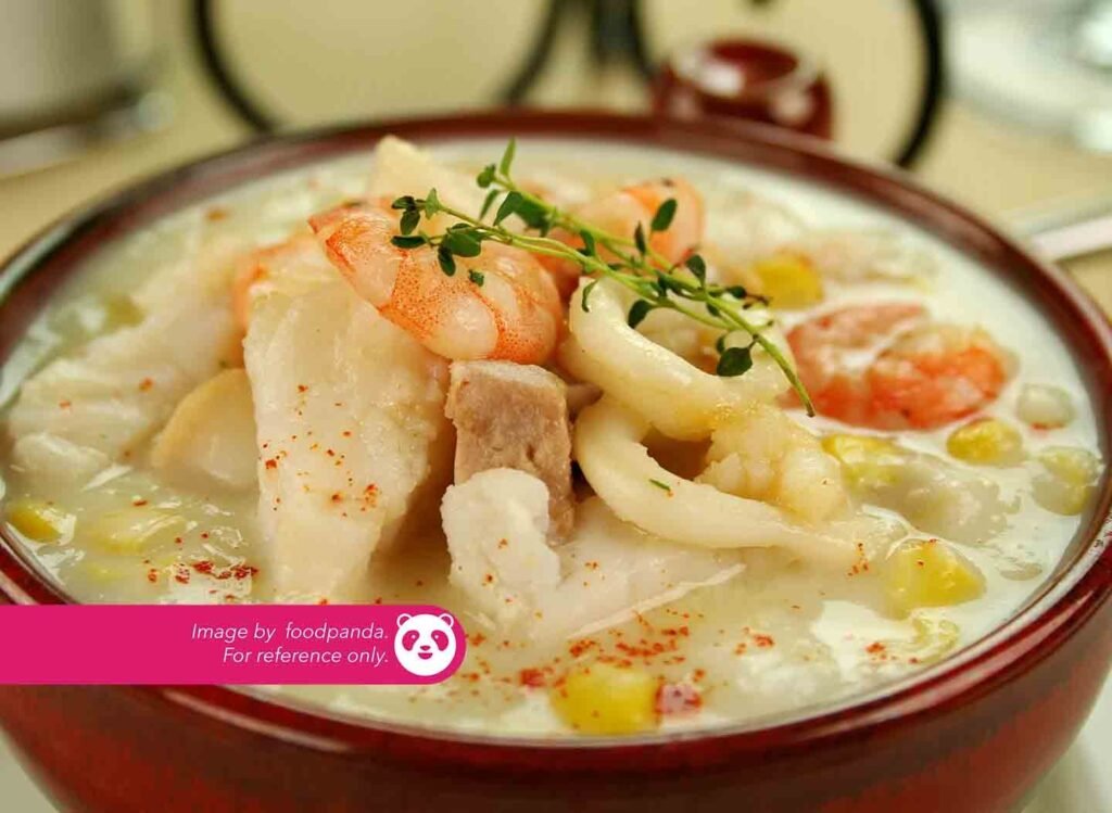Seafood Chowder ₱ 400 Cream based soup with mixed seafood such as shrimps, squid & tuna. Served with French bread